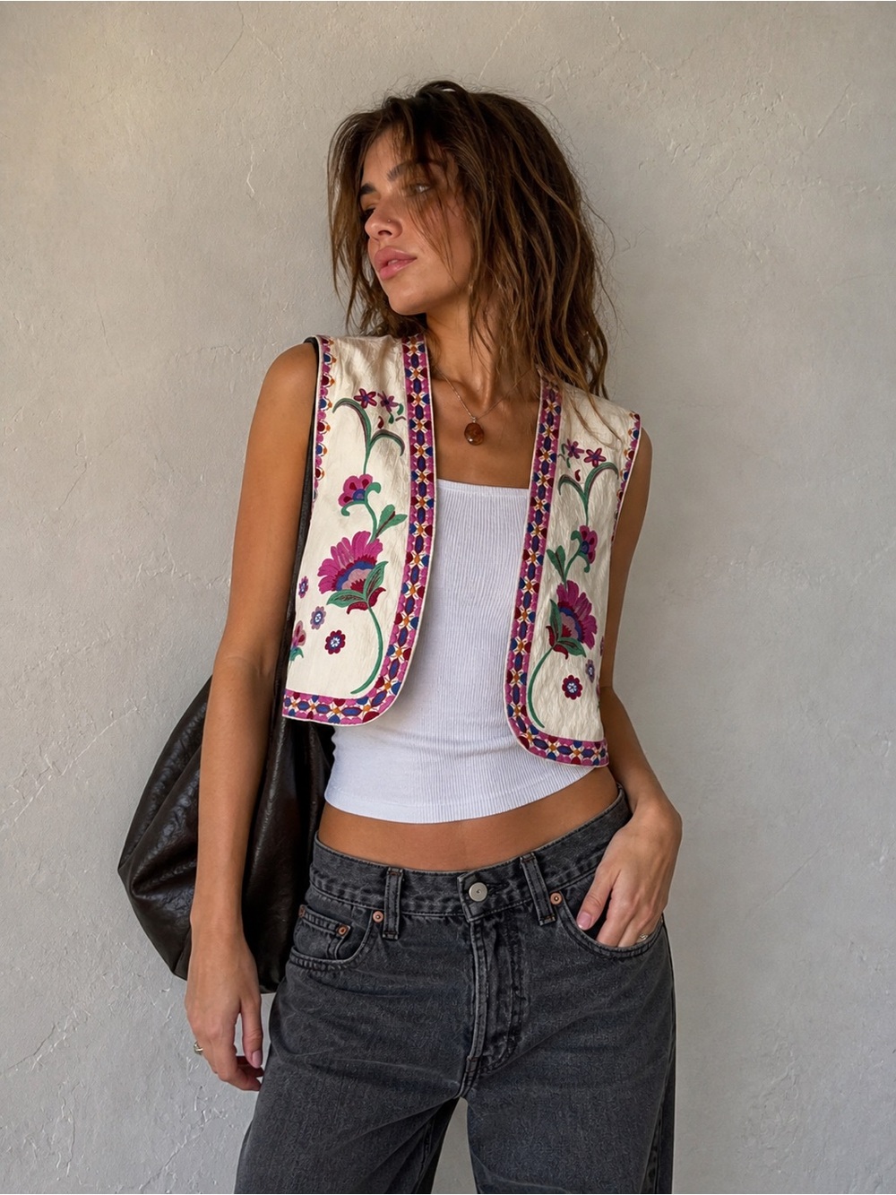 Embroidered Cropped Vest Floral Boho Kpop Cpop Festival Idol Core Ivory Sz M